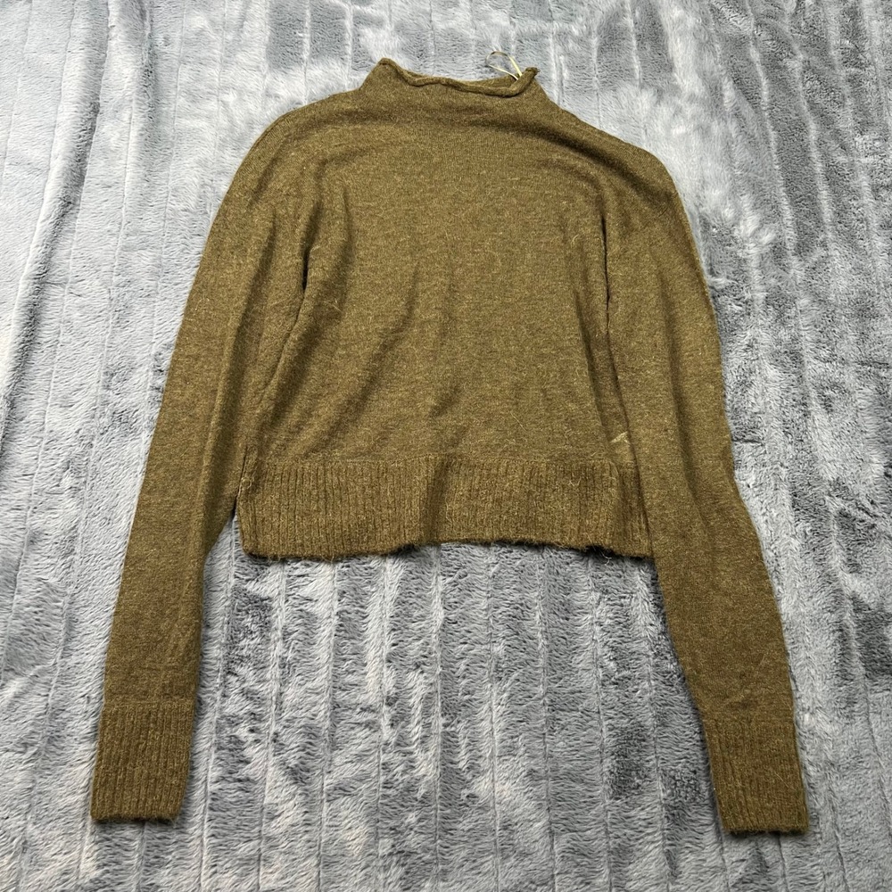 Zara Olive Green Wool Alpaca Blend Mock Neck Cropped Knit Sweater Small 12162